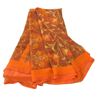 Sanskriti Vintage Brown Sarees Georgette Printed Indian Sari 5 Yard Craft Sustainable Fabric