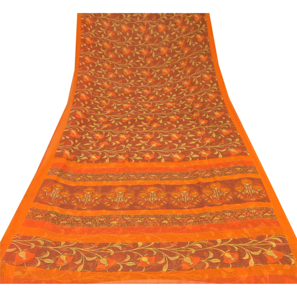 Sanskriti Vintage Brown Sarees Georgette Printed Indian Sari 5 Yard Craft Sustainable Fabric