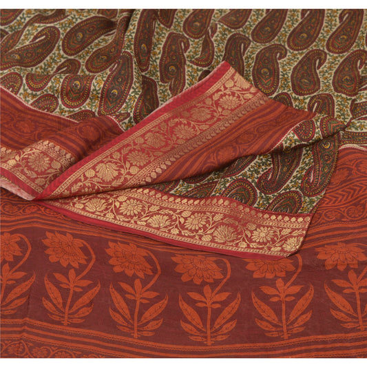 Sanskriti Vintage Cream Sarees Blend Silk Printed Zari Border Sari Craft Sustainable Fabric
