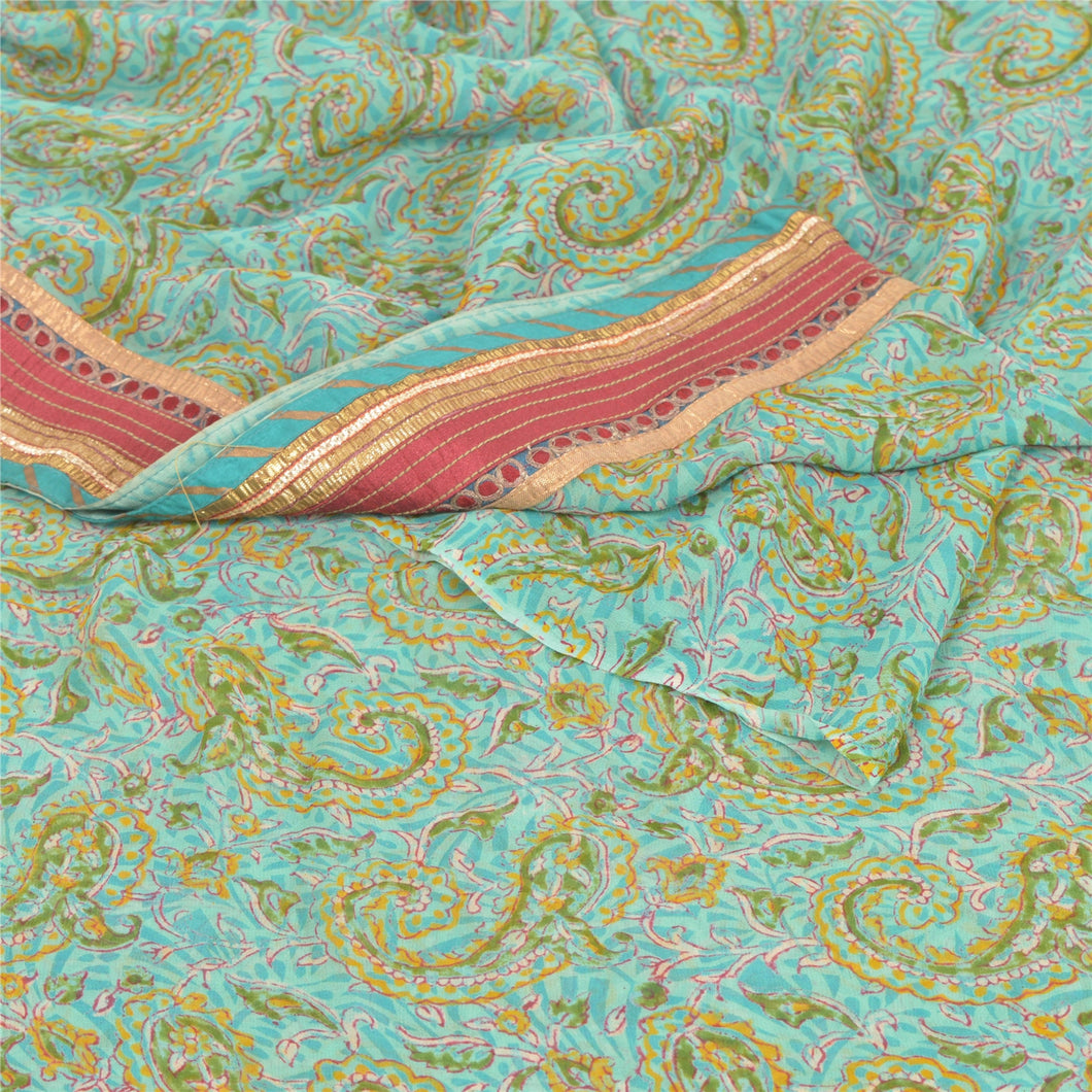 Sanskriti Vinatage Sanskriti Vintage Green Saree Blend Georgette Printed Sari 5 Yard Craft Fabric