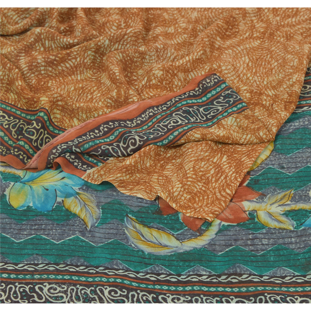 Sanskriti Vinatage Sanskriti Vintage Brown Saree Pure Georgette Silk Printed Sari 5 YD Craft Fabric