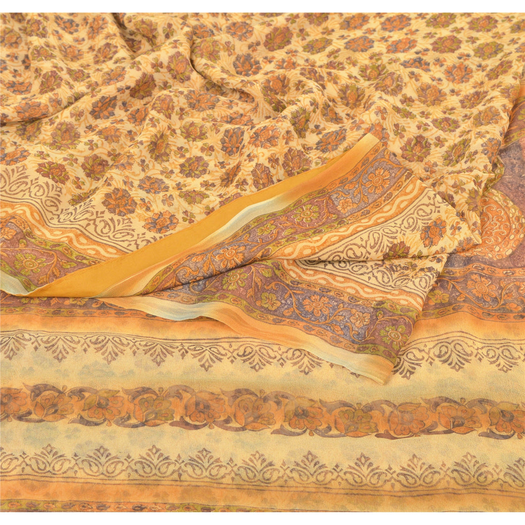 Sanskriti Vintage Brown Sarees Blend Georgette Printed Sari 5 Yard Craft Fabric