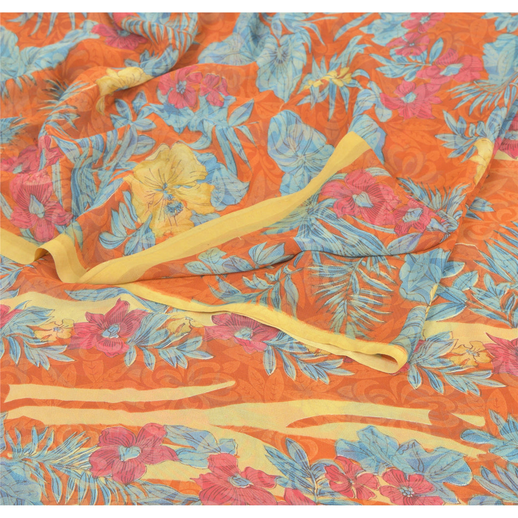 Sanskriti Vintage Orange Sarees Georgette Printed Indian Sari 5 Yd Craft Fabric