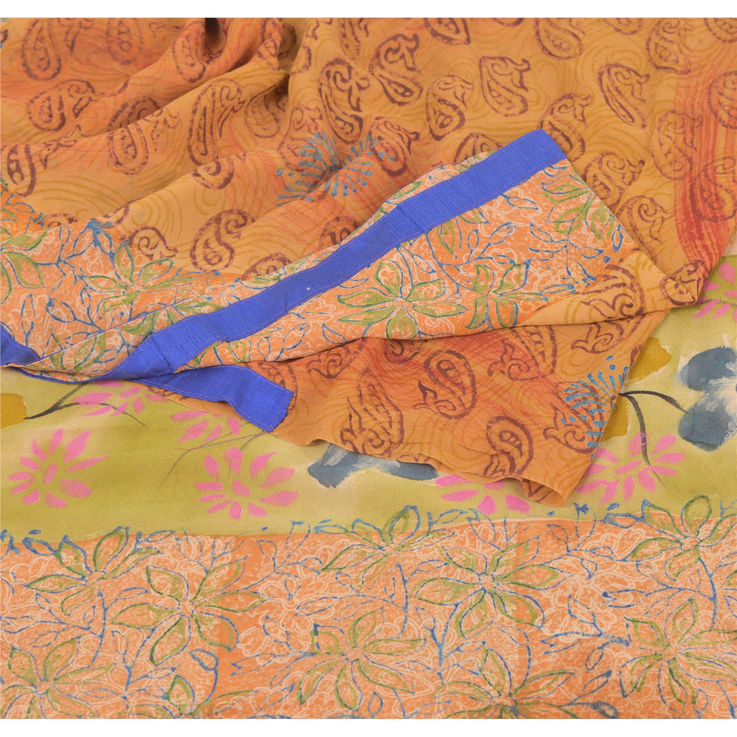 Sanskriti Vintage Saffron Sarees Pure Georgette Silk Printed Sari Craft Fabric