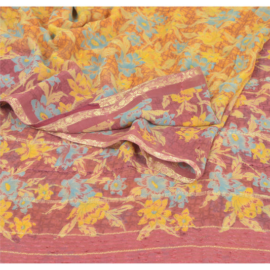 Sanskriti Vintage Yellow Indian Sari Blend Georgette Printed Sarees Sustainable Fabric