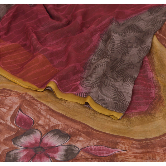 Sanskriti Vintage Brown Sarees Blend Georgette Printed Sari 5 Yard Craft Sustainable Fabric