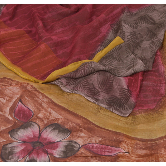 Sanskriti Vintage Brown Sarees Blend Georgette Printed Sari 5 Yard Craft Sustainable Fabric