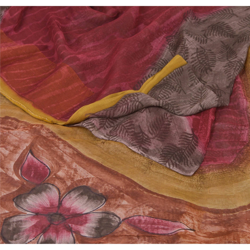 Sanskriti Vintage Brown Sarees Blend Georgette Printed Sari 5 Yard Craft Fabric
