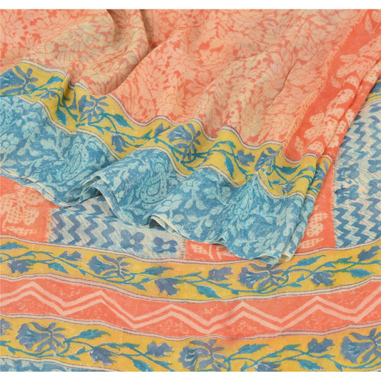 Sanskriti Vintage 100% Pure Georgette Silk Red/Peach Sarees Printed 5 Yd Craft Fabric Bohemian Fabric For Dressmaking,Upcyclers