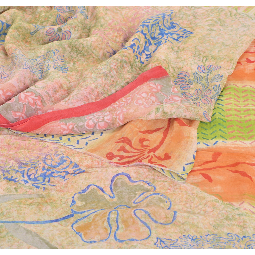 Sanskriti Vintage Indian Sari Pure Georgette Silk Printed Sarees Craft Fabric