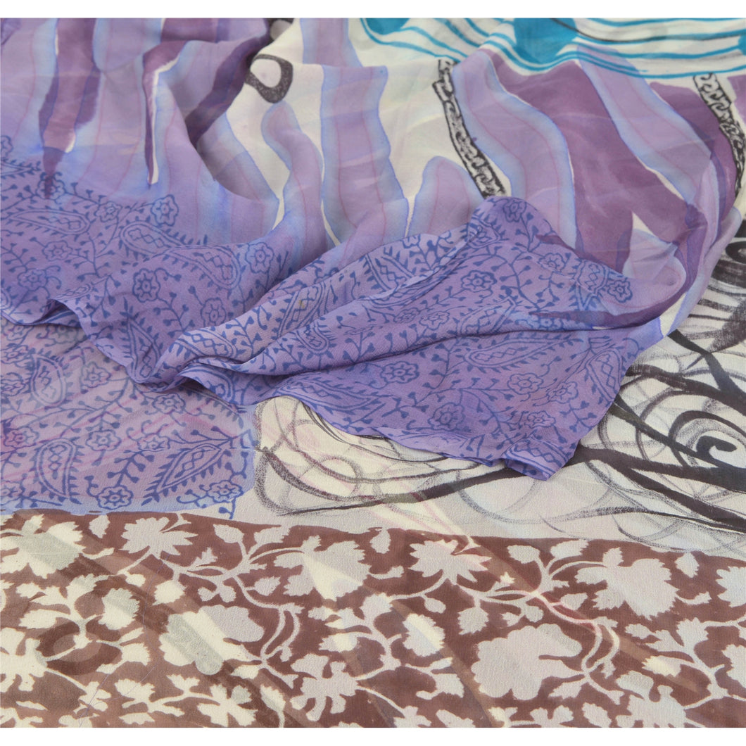 Sanskriti Vintage Purple Sari Printed Blend Georgette Saree Craft 5YD Fabric
