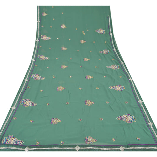 Sanskriti Vintage Green Fashion Sari Hand Beaded Georgette Saree With Blouse Pc