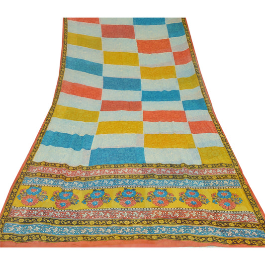 Санскрити Винтажное многоцветное сари с принтом сари из чистого шелка-жоржета, экологически чистая ткань для рукоделия