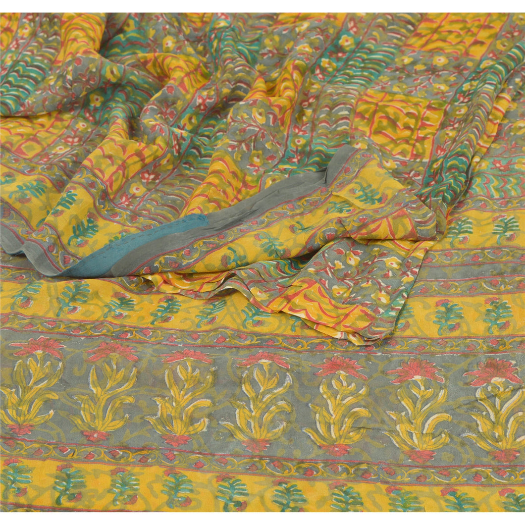 Sanskriti Vintage Saree Green Printed Sari Pure Georgette Silk Soft Craft Fabric