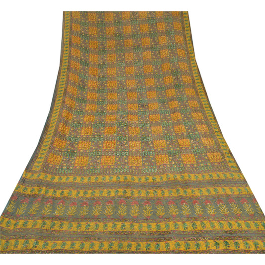 Sanskriti Vintage Saree Green Printed Sari Pure Georgette Silk Soft Craft Sustainable Fabric