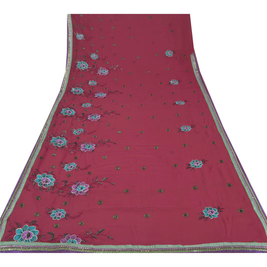 Sanskriti Vintage Fashion Red Sarees Hand Beaded Georgette Sustainable Fabric Sari Blouse Pc