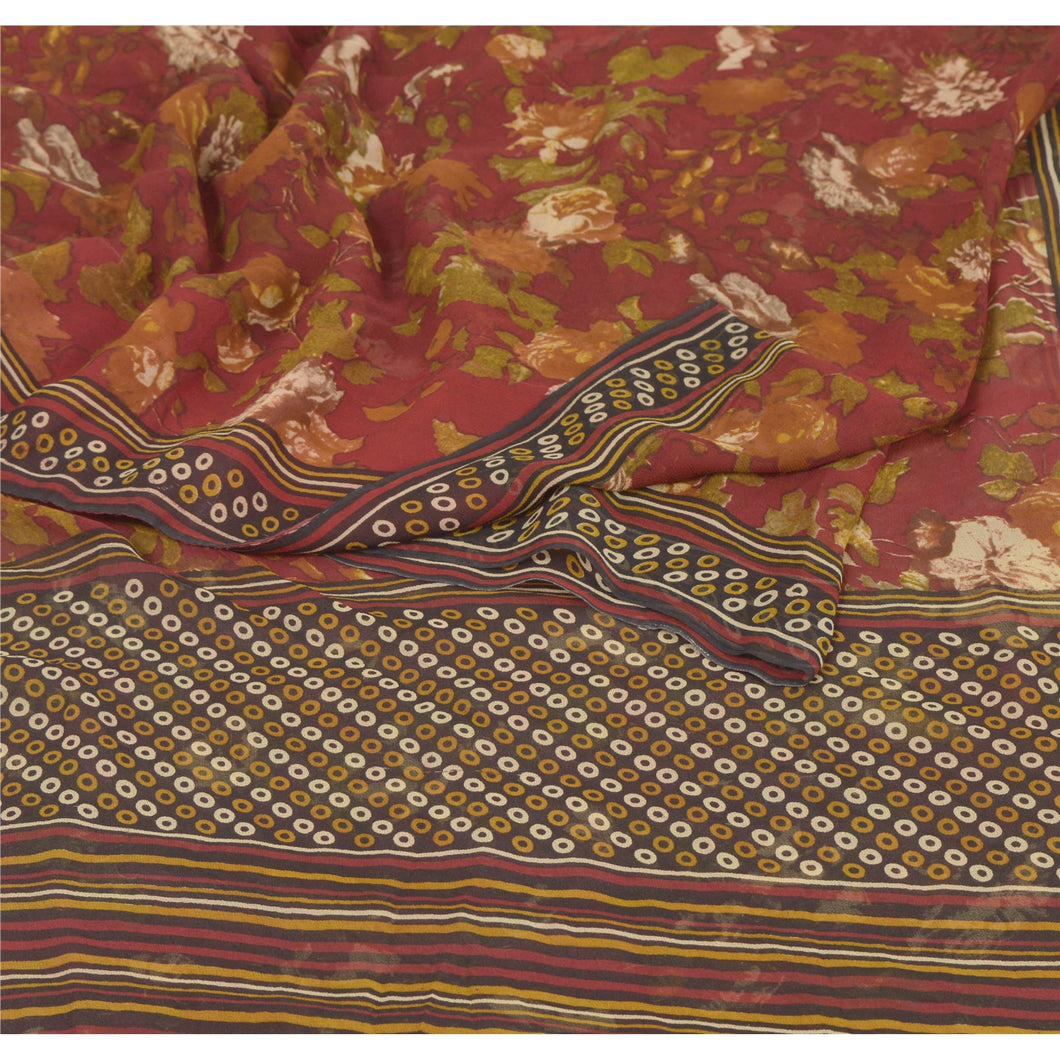Sanskriti Vintage Red Sarees Printed Sari Pure Georgette Silk 5 YD Craft Fabric
