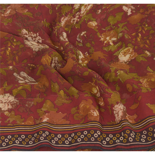 Sanskriti Vintage Red Sarees Printed Sari Pure Georgette Silk 5 YD Craft Sustainable Fabric