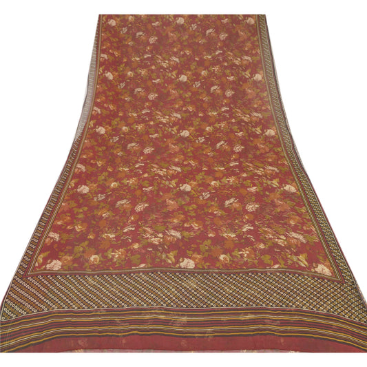 Sanskriti Vintage Red Sarees Printed Sari Pure Georgette Silk 5 YD Craft Sustainable Fabric