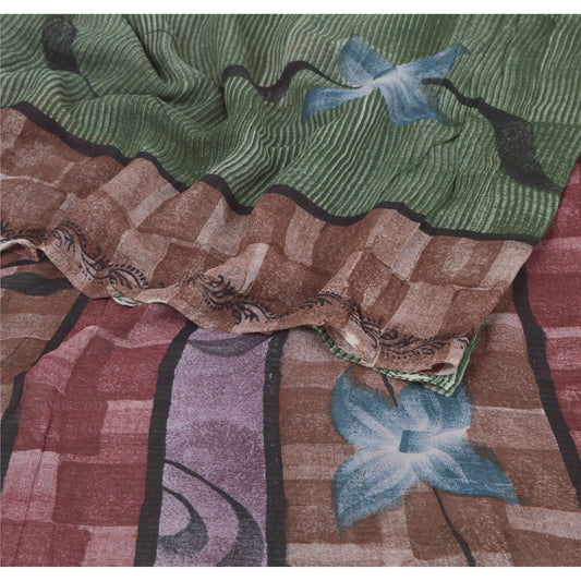 Sanskriti Vintage Green Indian Sari Printed Blend Georgette Sarees Craft Sustainable Fabric