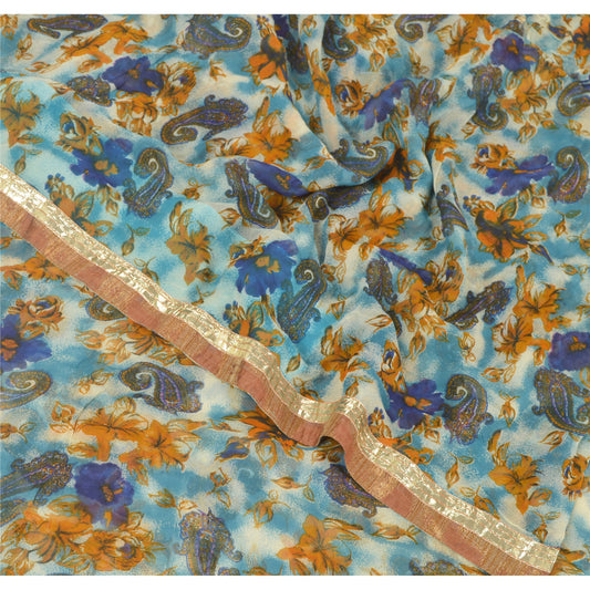 Sanskriti Vintage Blue Sarees Printed Blend Georgette Sari 5YD Soft Craft Sustainable Fabric