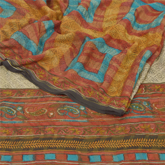 Sanskriti Vintage Cream Sarees Printed Sari Pure Georgette Silk 5YD Craft Sustainable Fabric