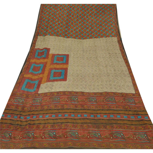 Sanskriti Vintage Cream Sarees Printed Sari Pure Georgette Silk 5YD Craft Sustainable Fabric