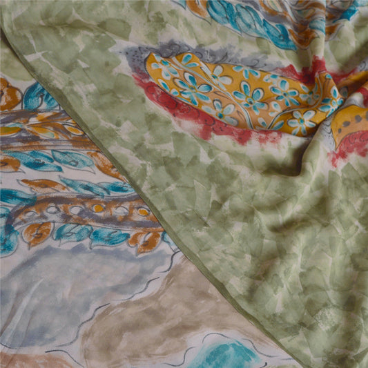 Sanskriti Vintage Green Indian Sarees Printed Sari Pure Georgette Silk Sustainable Fabric