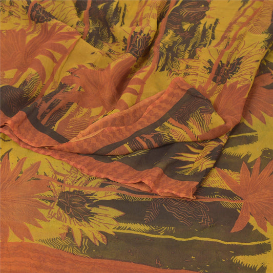 Sanskriti Vintage Black Saree Printed Sari Blend Georgette 5YD Soft Craft Sustainable Fabric