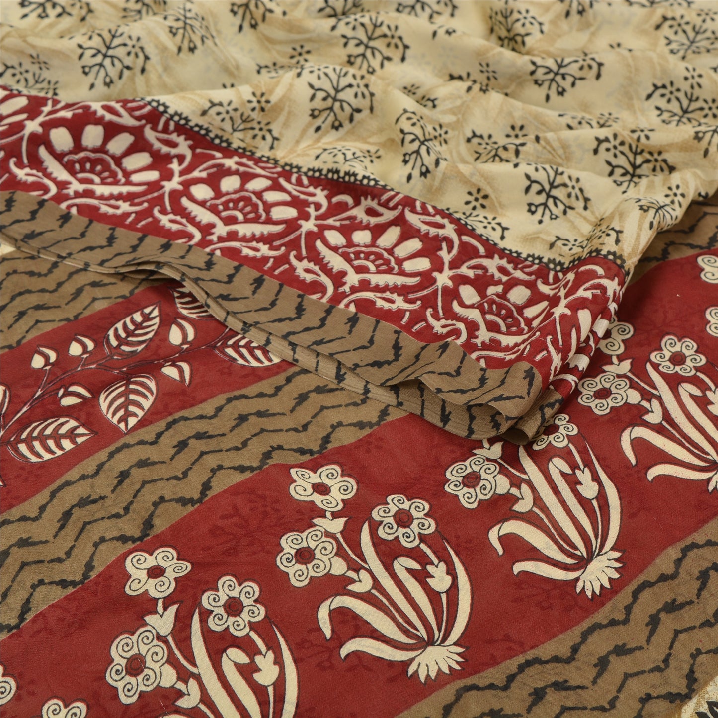 Sanskriti Vintage Indian Sari Cream Printed Georgette Sarees Craft 5 Yd Sustainable Fabric