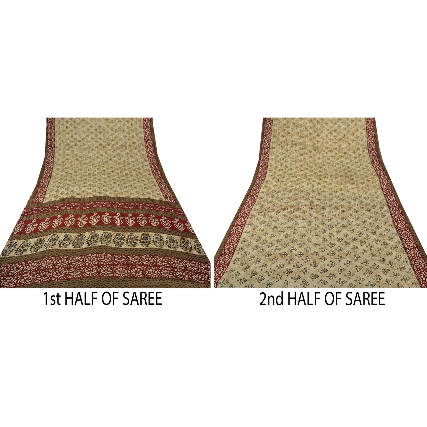 Sanskriti Vintage Indian Sari Cream Printed Georgette Sarees Craft 5 Yd Sustainable Fabric