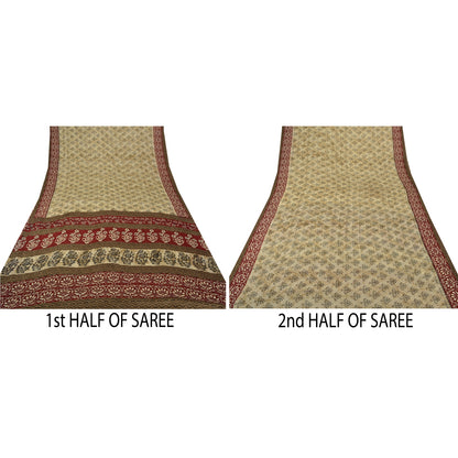 Sanskriti Vintage Indian Sari Cream Printed Georgette Sarees Craft 5 Yd Sustainable Fabric