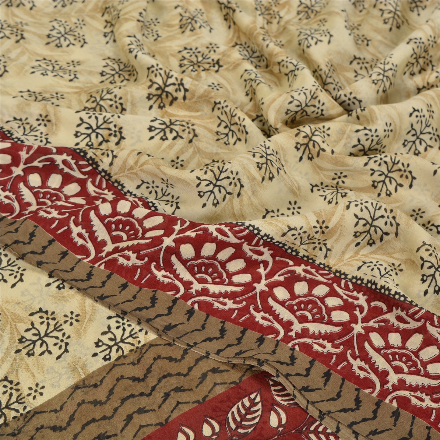 Sanskriti Vintage Indian Sari Cream Printed Georgette Sarees Craft 5 Yd Sustainable Fabric