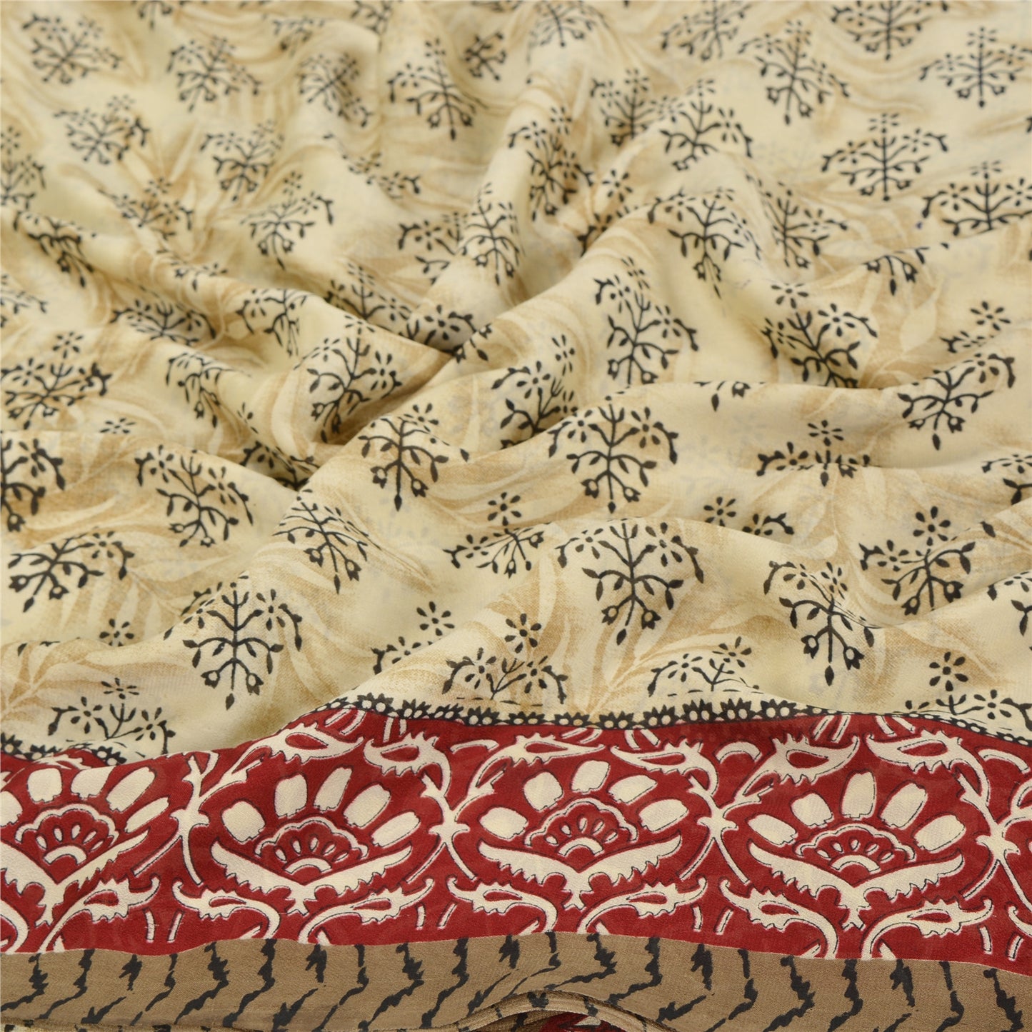 Sanskriti Vintage Indian Sari Cream Printed Georgette Sarees Craft 5 Yd Sustainable Fabric