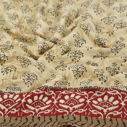 Sanskriti Vintage Indian Sari Cream Printed Georgette Sarees Craft 5 Yd Sustainable Fabric