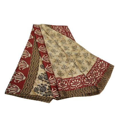 Sanskriti Vintage Indian Sari Cream Printed Georgette Sarees Craft 5 Yd Sustainable Fabric