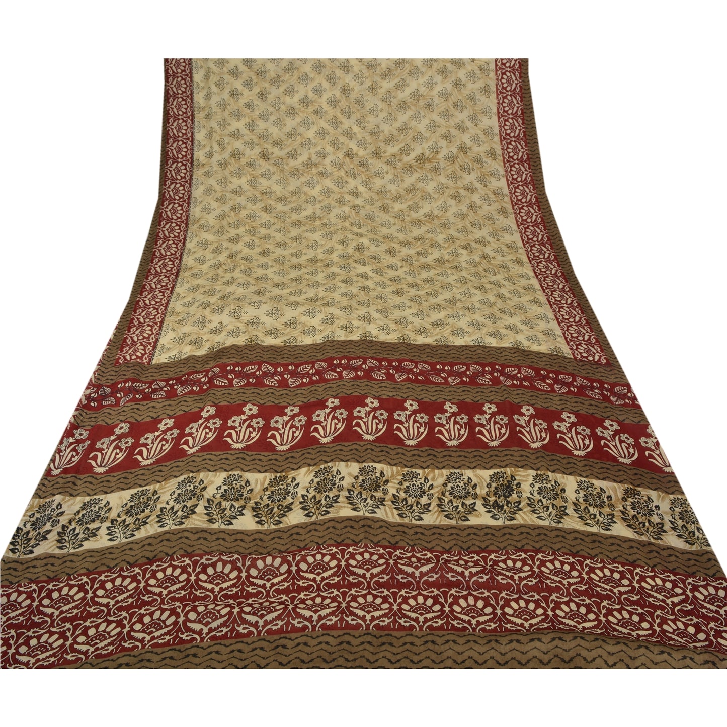 Sanskriti Vintage Indian Sari Cream Printed Georgette Sarees Craft 5 Yd Sustainable Fabric
