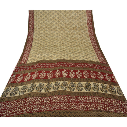 Sanskriti Vintage Indian Sari Cream Printed Georgette Sarees Craft 5 Yd Sustainable Fabric