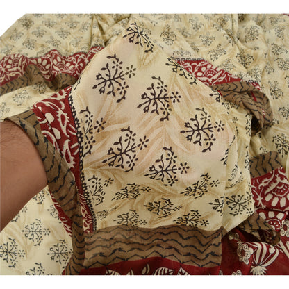 Sanskriti Vintage Indian Sari Cream Printed Georgette Sarees Craft 5 Yd Sustainable Fabric