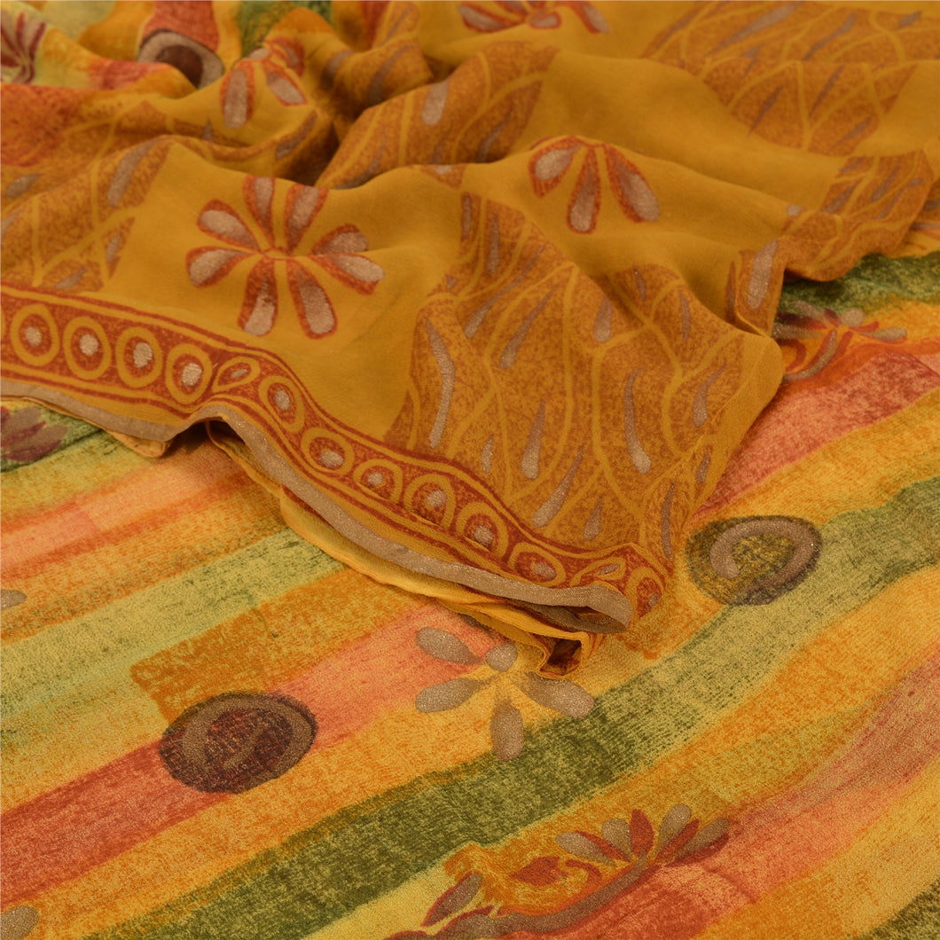 Sanskriti Vintage Sarees Mustard Printed Blend Georgette Sari Craft Fabric