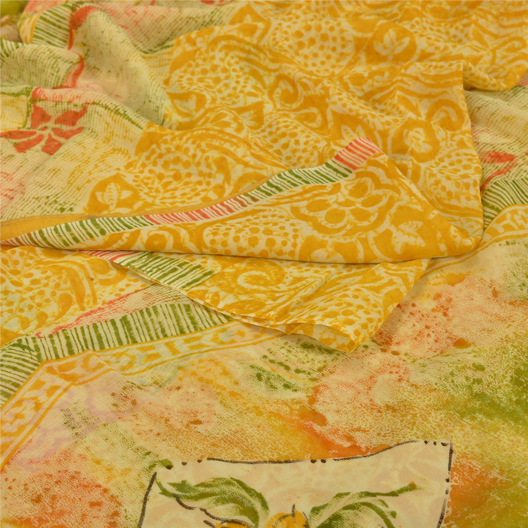 Sanskriti Vintage Indian Sari Yellow Printed Blend Georgette Sarees Craft Fabric