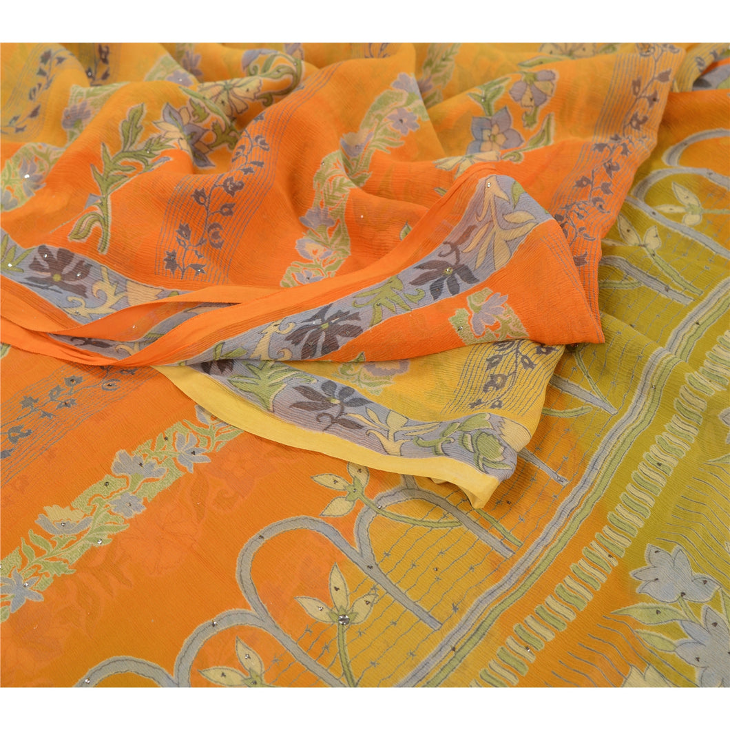 Sanskriti Vintage Orange Sarees Pure Chiffon Silk Printed Sari Craft Fabric
