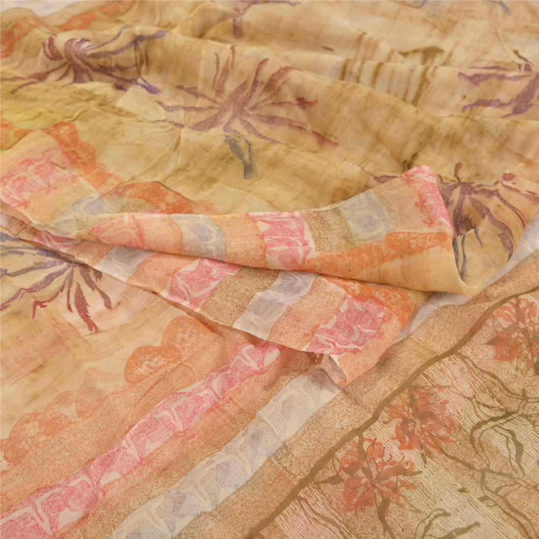 Sanskriti Vintage Indian Sari Printed Blend Georgette Sarees Craft 5 Yard Fabric