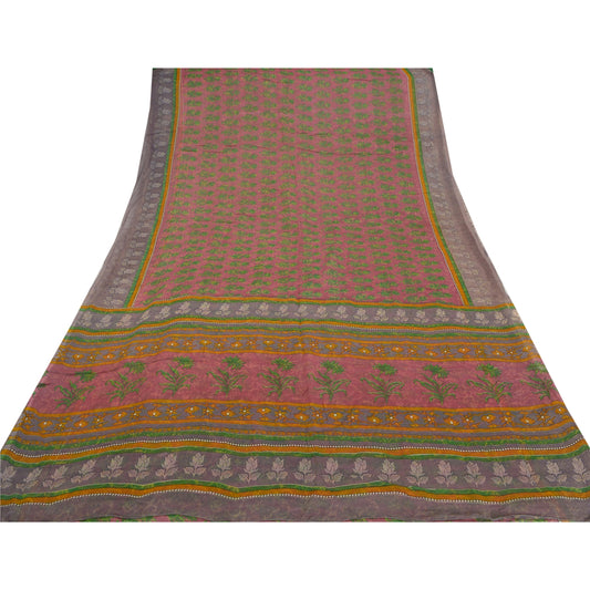 Санскрити Винтаж Индийское Сари Розовый Напечатанный Смесовый Жоржет Сари Ремесло Экологичная Ткань