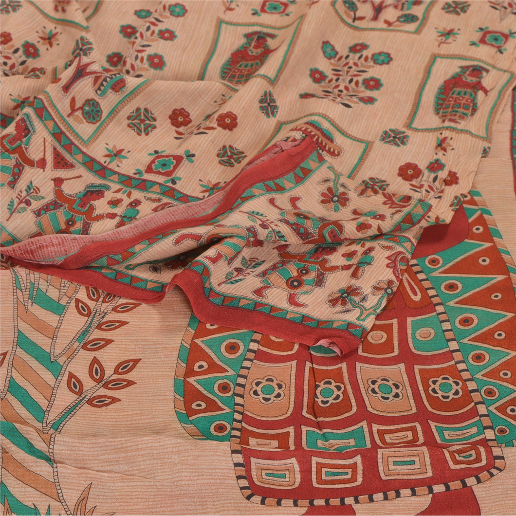 Sanskriti Vintage Indian Sari Peach Printed Blend Georgette Sarees Craft Fabric