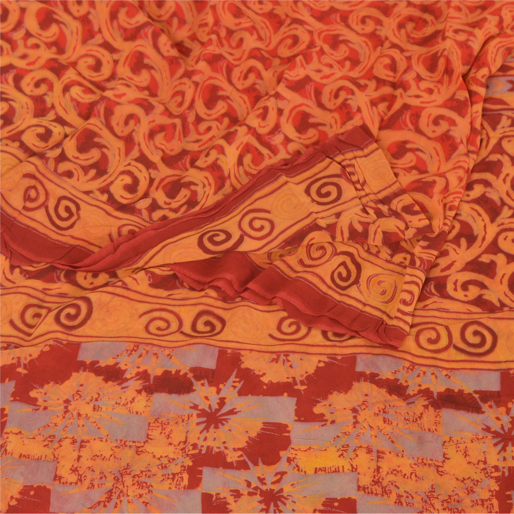 Sanskriti Vintage Rusty Orange Sari Printed Blend Georgette Sarees Craft Fabric