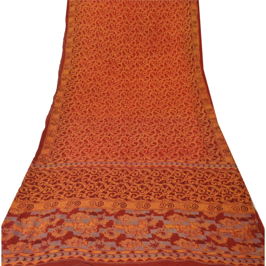 Sanskriti Vintage Rusty Orange Sari Printed Blend Georgette Sarees Craft Sustainable Fabric