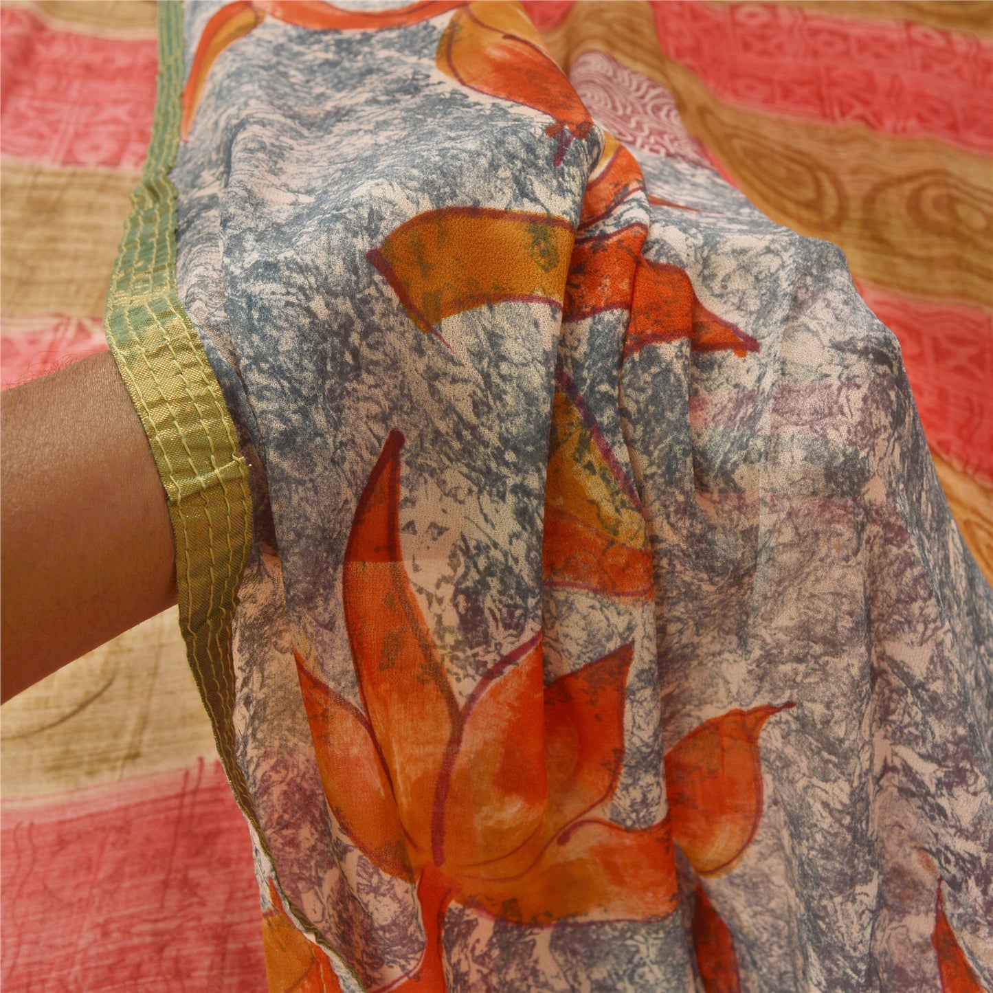 Sanskriti Vintage Indian Sari Printed Blend Georgette Sarees Craft 5 YD Sustainable Fabric