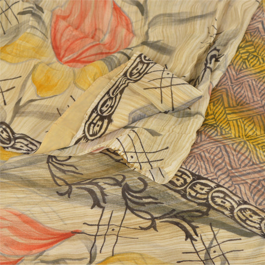 Sanskriti Vintage indisk sari cremefarvet trykt blanding af georgette sarees håndværksmæssigt bæredygtigt stof