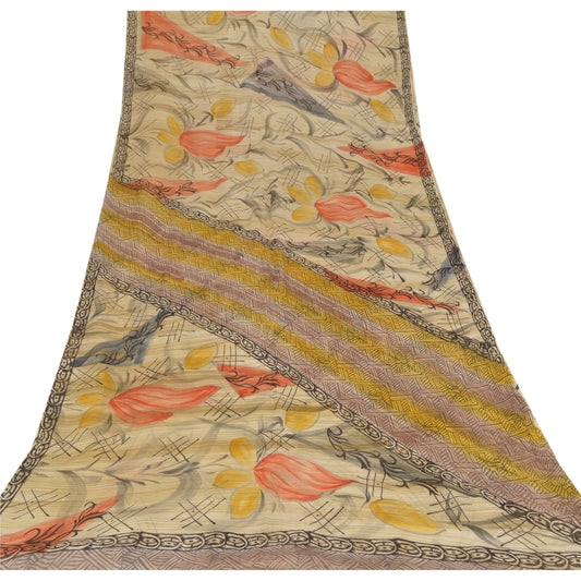 Sanskriti Vintage indisk sari cremefarvet trykt blanding af georgette sarees håndværksmæssigt bæredygtigt stof
